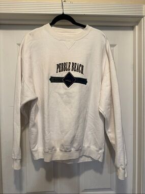 Pebble Beach White Crewneck Sweatshirt with Green & Navy Embroidery